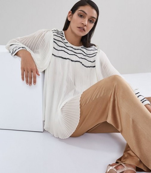 REISS DENIZ EMBELLISHED PLEAT-DETAIL TOP OFF WHITE ~ pleated balloon sleeve tops - flipped