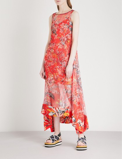 DIANE VON FURSTENBERG Asymmetric floral-print crepe midi dress avalon poppy ~ long red sleeveless dresses
