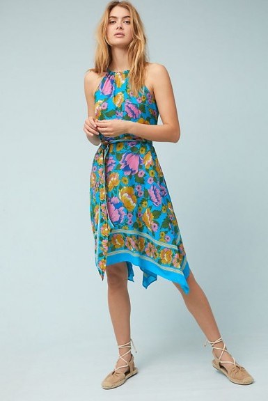Lilka Dinan Halter Dress | blue floral handkerchief hem dresses | summer halternecks - flipped