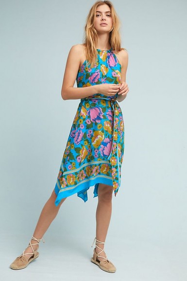 Lilka Dinan Halter Dress | blue floral handkerchief hem dresses | summer halternecks