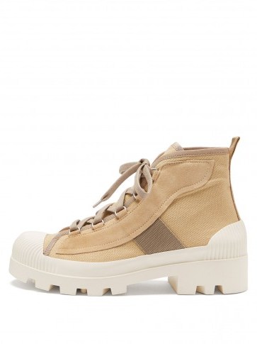 Kylie Jenner beige and white rubber sole ankle boot, ACNE STUDIOS Dinila track-sole ankle boots, posted on Instagram, 12 April 2018. Celebrity footwear | star style fashion - flipped