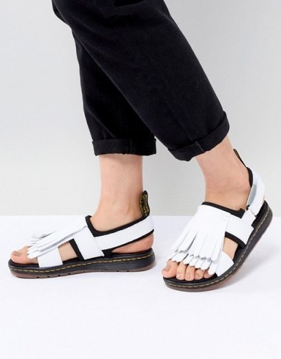 Dr Martens Rosalind White Leather Flat Sandal with Tassel Detail - flipped