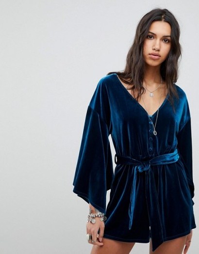 ebonie n ivory Luxe Tie Waist Playsuit with Kimono Sleeves In Velvet – affordable luxe - flipped