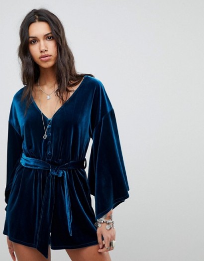 ebonie n ivory Luxe Tie Waist Playsuit with Kimono Sleeves In Velvet – affordable luxe