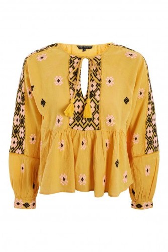 TOPSHOP Embroidered Smock Blouse / yellow floral boho tops - flipped