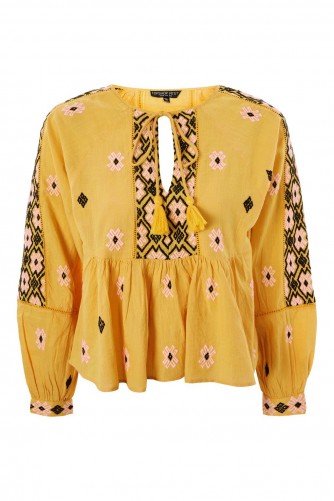 TOPSHOP Embroidered Smock Blouse / yellow floral boho tops