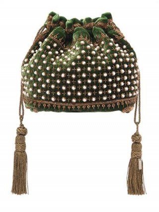 ETRO FAUX PEARL EMBELLISHED GREEN VELVET POUCH / small drawstring bags - flipped