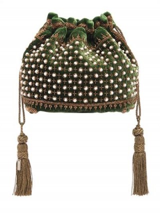 ETRO FAUX PEARL EMBELLISHED GREEN VELVET POUCH / small drawstring bags