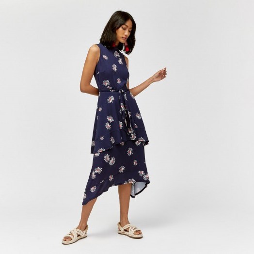 WAREHOUSE FAN FLORAL TIERED MIDI DRESS / blue sleeveless asymmetric hemline dresses - flipped