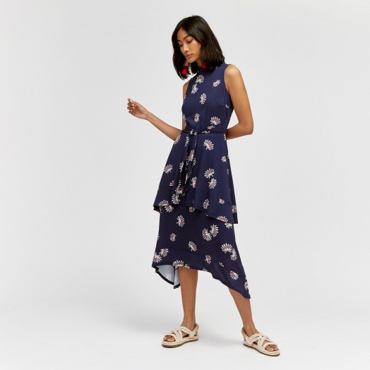 WAREHOUSE FAN FLORAL TIERED MIDI DRESS / blue sleeveless asymmetric hemline dresses