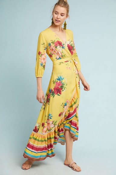 ANTHROPOLOGIE | Farm Rio Marketplace Wrap Dress / yellow floral frill hem dresses