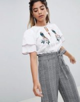 Fashion Union Tie Neck Blouse With Layered Sleeves And Parrot Embroidery – summer bird embroidered blouses