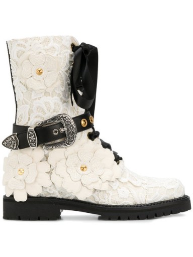 FAUSTO PUGLISI buckle embossed lace boots / white floral applique boots