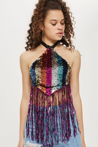 TOPSHOP Festival Rainbow Sequin Halter Neck Top ~ multicolored sequins