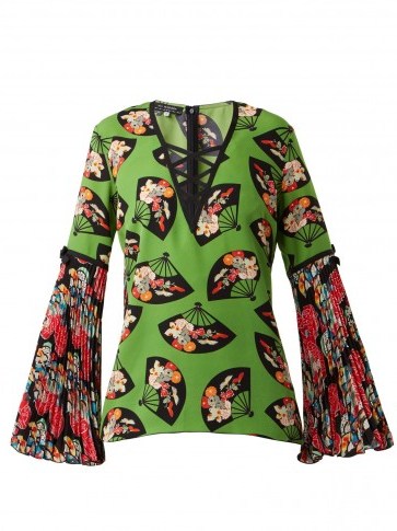 ANDREW GN Flared-sleeve fan-print silk top ~ green pleated sleeved tops - flipped