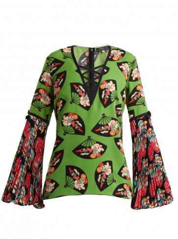ANDREW GN Flared-sleeve fan-print silk top ~ green pleated sleeved tops