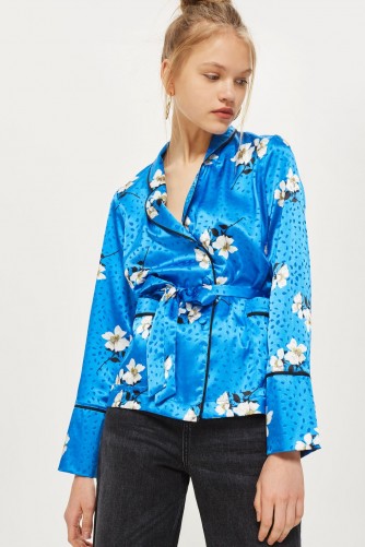 TOPSHOP Floral Belted Pyjama Shirt / blue silky shirts