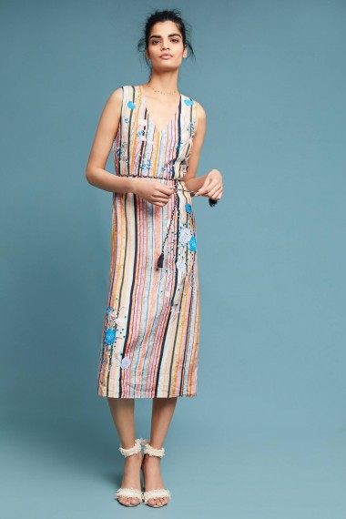 5x By Ajit Kumar Floral Embroidered Striped Midi Dress / flower applique dresses