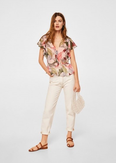 MANGO Floral print blouse | pink ruffle sleeve blouses - flipped