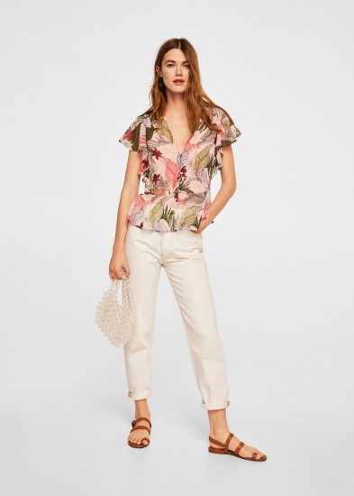 MANGO Floral print blouse | pink ruffle sleeve blouses