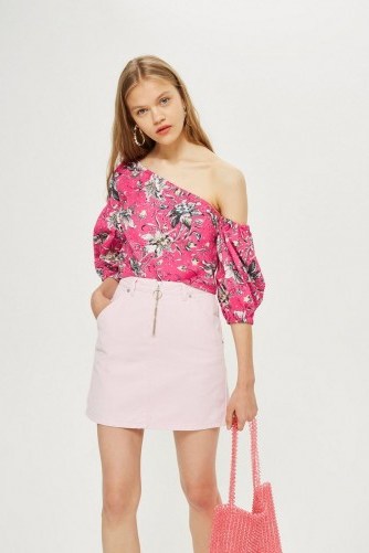 Topshop Floral Puff Off-Shoulder Top | pink asymmetric tops - flipped