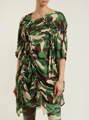 JUNYA WATANABE Gathered-detail camouflage-print woven dress / ruched camo dresses