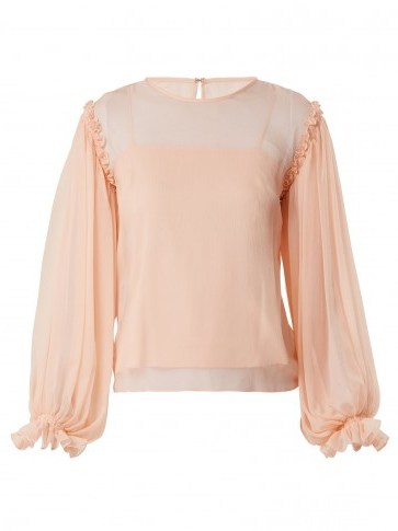 EMILIO DE LA MORENA Gathered-sleeve silk-chiffon blouse ~ sheer pink ruffle trim blouses - flipped