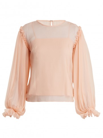 EMILIO DE LA MORENA Gathered-sleeve silk-chiffon blouse ~ sheer pink ruffle trim blouses