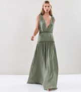 REISS GIGI PLEATED MAXI DRESS SAGE GREEN ~ long green plunging gowns ~ pleated event dresses