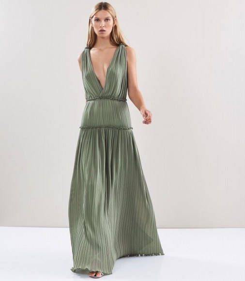 REISS GIGI PLEATED MAXI DRESS SAGE GREEN ~ long green plunging gowns ~ pleated event dresses - flipped