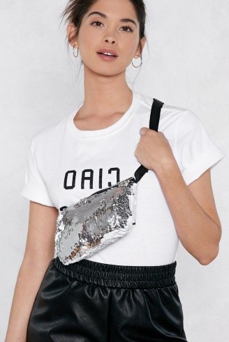 NASTY GAL Glow Your Own Way Sequin Fanny Pack | silver metallic bum bags - flipped
