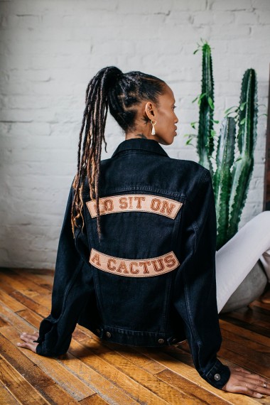 Understated Leather Go Sit On A Cactus Denim Jacket | black denim slogan jackets