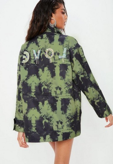 MISSGUIDED green embellished love field jacket ~ slogan combat jackets - flipped