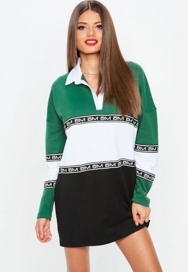 Missguided green mg colourblock rugby shirt dress – sporty dresses - flipped