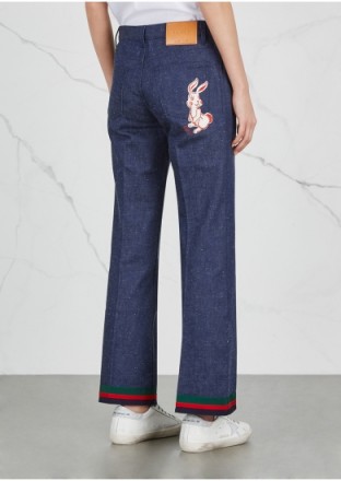 GUCCI Blue straight-leg jeans | cute back pocket embroidered bunny