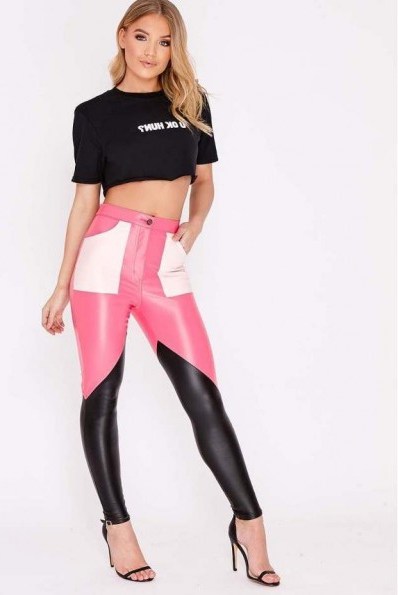 IN THE STYLE HADAR PINK COLOUR BLOCK FAUX LEATHER TROUSERS ~ skinny pants - flipped