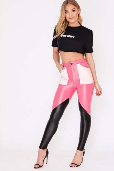 IN THE STYLE HADAR PINK COLOUR BLOCK FAUX LEATHER TROUSERS ~ skinny pants