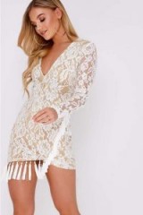 HARRINA WHITE PLUNGE LACE MINI DRESS ~ tasseled bodycon dresses