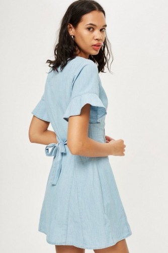 Topshop Horn Button Flippy Denim Dress | light blue ruffle sleeve dresses - flipped