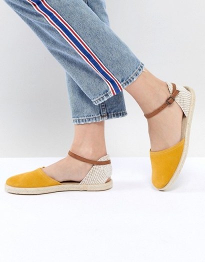 Hudson London Borneo Mustard Suede Espadrilles | yellow ankle strap flats - flipped