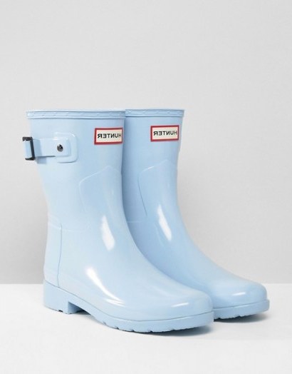 Hunter Original Refined Short Gloss Wellington Boots in Pale Blue ~ festival booties ~ ankle wellies - flipped