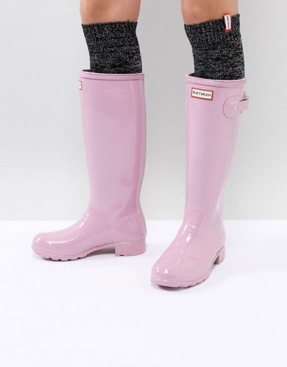Hunter Original Tall Pink Gloss Wellington Boots Blossom ~ pink wellies ~ festival footwear - flipped