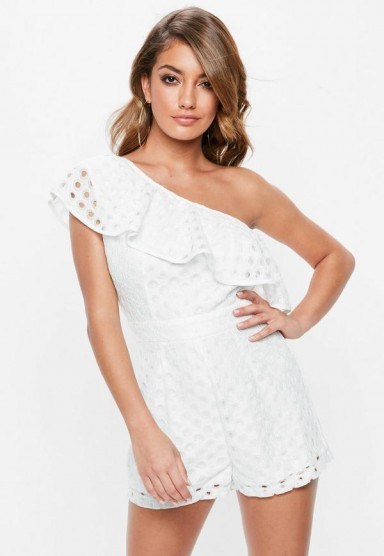 MISSGUIDED ivory one shoulder lace frill playsuit ~ summer evening style playsuits - flipped