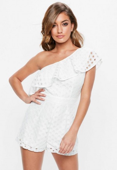 MISSGUIDED ivory one shoulder lace frill playsuit ~ summer evening style playsuits