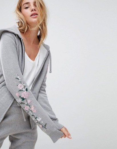 Jack Wills Zip Through Hoodie with Embroidery ~ grey floral hoodies ~ sporty jackets - flipped