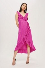 TOPSHOP Jacquard Ruffle Wrap Midi Dress – hot pink ruffled dresses