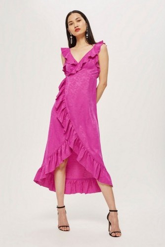TOPSHOP Jacquard Ruffle Wrap Midi Dress – hot pink ruffled dresses - flipped