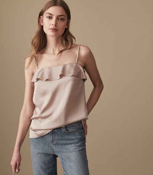 REISS JESSICA BLUSH PINK FRILL FRONT CAMI TOP / ruffled camisole