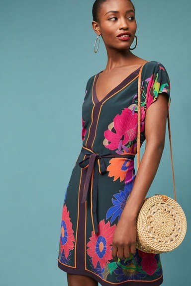 Maeve Jules Printed Silk Tunic Dress at Anthropologie | green floral dresses - flipped