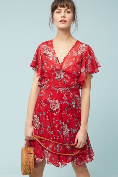 Ranna Gill Keira Floral Dress in red motif | feminine flutter sleeve dresses - flipped